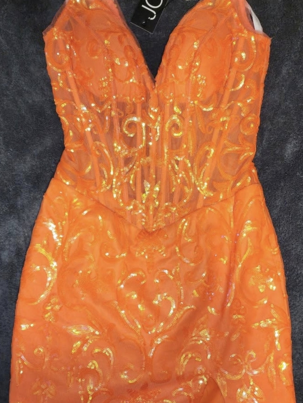 J.O.A. Orange Sequined V-Neck Prom Dress